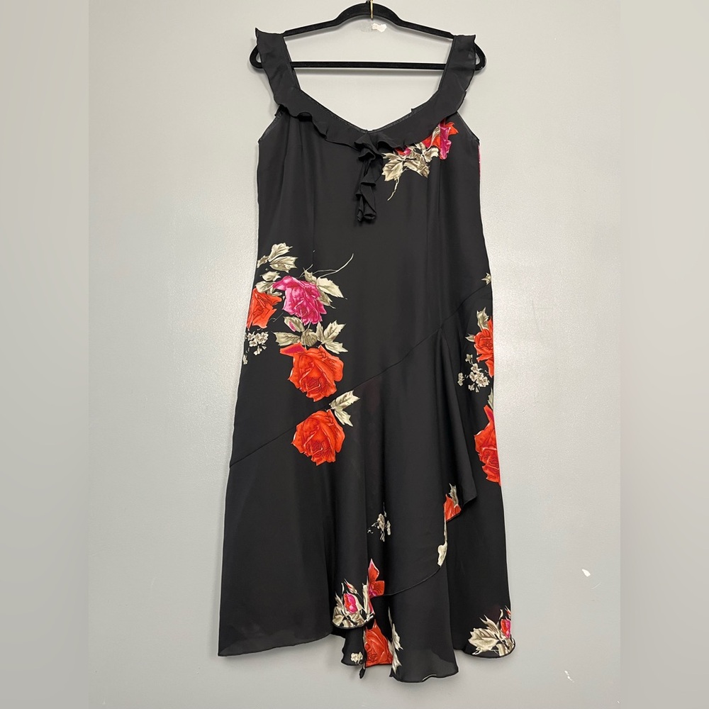 Della Spiga Floral Slip Dress 90s Y2K Asymmetrical Ruffle Black Pink Women’s 12